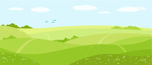 Summer Nature, Landscape. Field, Green Hills, Blue Sky With Clouds, Meadow With Flowers. Vector Illustration