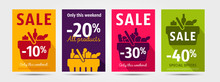Set Of Poster For Grocery Store Advertising Events With Shopping Basket Pictogram Full Of Meal Goods, Simple Mordern Graphic Leaflet With Percentage Discount Up To 10, 20 And 30, 40 Per Cent
