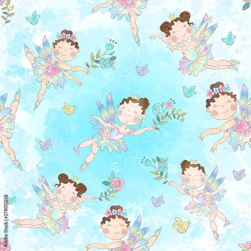 Seamless pattern with cute little magical fairies. Vector