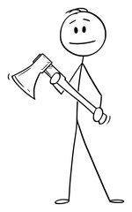 Sticker - Vector cartoon stick figure drawing conceptual illustration of man or lumberjack or forest worker holding ax or axe.