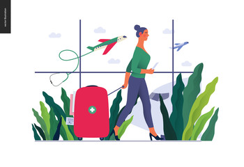 Medical tourism -medical insurance illustration -modern flat vector concept digital illustration -young woman in the airport going to flight departure for the treatment abroad, medical toursm metaphor