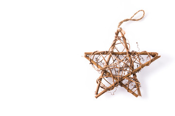 Christmas wooden star isolated on white background. Copyspace