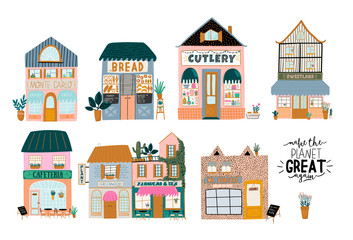 Collection of cute house, shop, store, cafe and restaurant isolated on white background. Flat vector illustration in trendy scandinavian style. European city