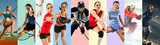 Creative collage made of photos of 9 models. Tennis, pole vault, badminton, hockey, volleyball, football, soccer, snowboarding female players or team. Sport, action, healthy lifestyle concept.