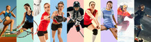 Creative Collage Made Of Photos Of 9 Models. Tennis, Pole Vault, Badminton, Hockey, Volleyball, Football, Soccer, Snowboarding Female Players Or Team. Sport, Action, Healthy Lifestyle Concept.
