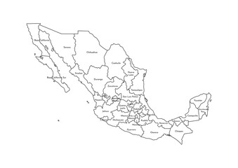 Wall Mural - Vector isolated illustration of simplified administrative map of Mexico (United Mexican States)﻿. Borders and names of the regions. Black line silhouettes