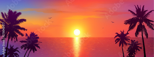 Fotomural Dark palm trees silhouettes on colorful tropical ocean sunset background, vector
