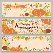 Autumn Banners Set Horizontal. Three Templates In Cartoon Style Hand Drawn Pumpkin Forest Fall Flowers Bird Cute Vector