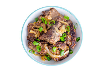 Wall Mural - Fried liver with onions in bowl on white background.