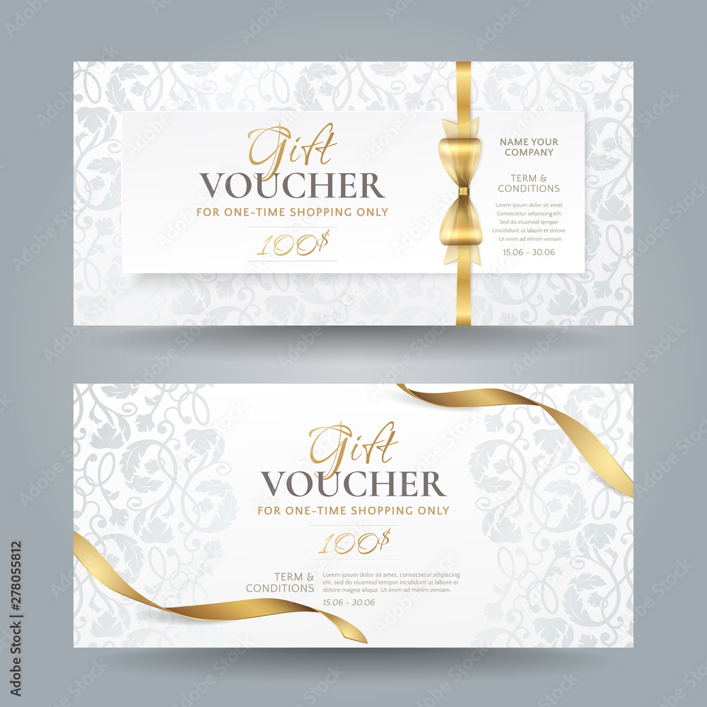 Set of stylish white gift vouchers with golden ribbons, bow and silver vintage floral pattern. Vector elegant template for gift cards, coupons and certificates isolated from background. - obrazy, fototapety, plakaty 