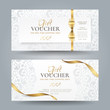 Set of stylish white gift vouchers with golden ribbons, bow and silver vintage floral pattern. Vector elegant template for gift cards, coupons and certificates isolated from background.