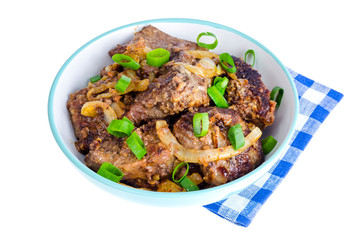 Wall Mural - Fried liver with onions in bowl on white background.