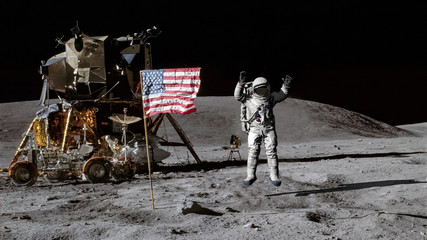 3D rendering. Astronaut jumping on the moon and saluting the American flag. CG Animation. Elements of this image furnished by NASA.