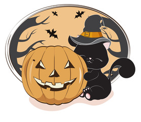 Halloween black cat and pumpkin