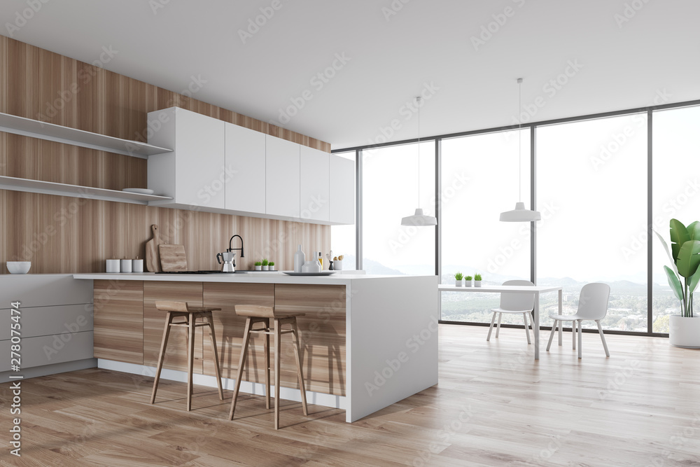 White and wooden kitchen corner with bar and table - obrazy, fototapety, plakaty 