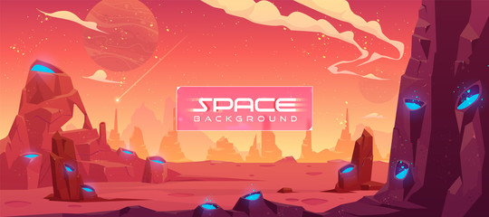 Space background, alien fantasy landscape with rocks and craters with blue liquid inside, orange planet empty surface, cloudy sky and falling comet, computer game backdrop, cartoon vector illustration