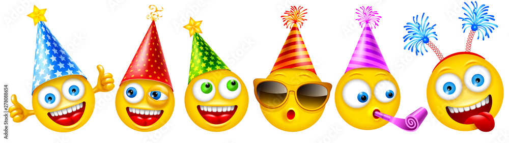 Set of cheerful characters of emoji or smileys with festive accessories for birthday party or other events. Vector illustration. - obrazy, fototapety, plakaty 