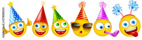 Cuadros en Lienzo Set of cheerful characters of emoji or smileys with festive accessories for birthday party or other events