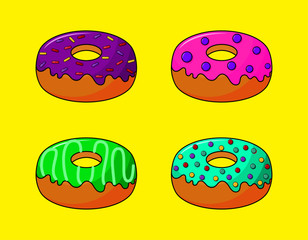 Wall Mural - kawaii cute pastel donuts sweet summer desserts cartoon with different types isolated on yellow background for cafe or restaurant. illustration vector.