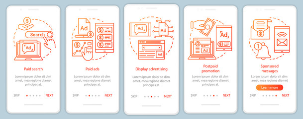 PPC channels orange onboarding mobile app page screen vector template. Media marketing, ad networks walkthrough website steps with linear illustrations. UX, UI, GUI smartphone interface concept