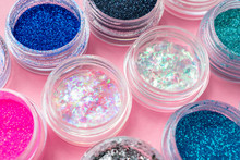 Color Glitter. Shimmer, Sparkle. For Makeup, Nails. Shiny Powder. Makeup. Pigments. Beautiful Bright Background. Cosmetic, Beauty Products. Multicolored Eyeshadow. Vibrant. Holographic Trendy Elements
