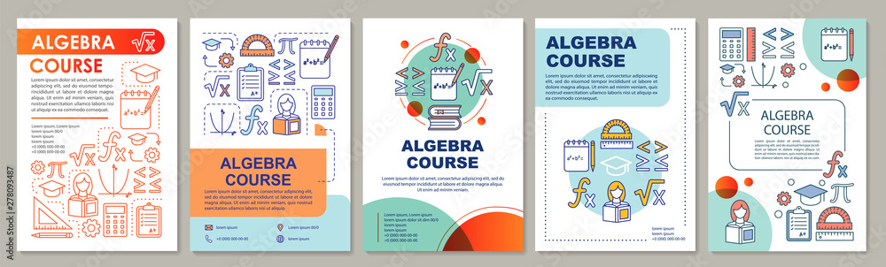 Algebra course, math lessons brochure template layout. Flyer, booklet, leaflet print design with linear illustrations. Vector page layouts for magazines, annual reports, advertising posters - obrazy, fototapety, plakaty 