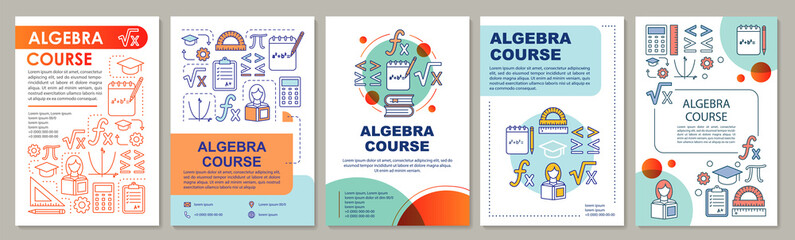Algebra course, math lessons brochure template layout. Flyer, booklet, leaflet print design with linear illustrations. Vector page layouts for magazines, annual reports, advertising posters