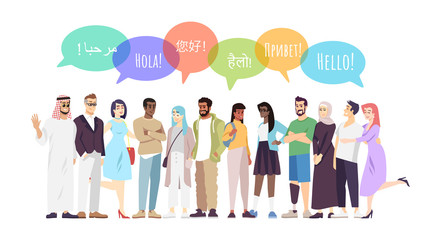 Intercultural communication flat vector illustration. Multinational people with hello in speech bubbles cartoon characters. Greeting phrases in different languages. Multiethnic student community