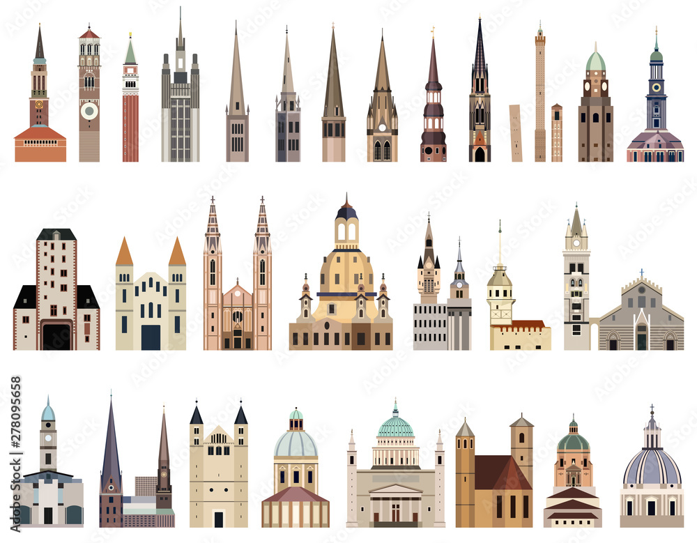 vector collection of high detailed isolated city halls, landmarks, cathedrals, temples, churches, palaces and other city's skyline architectural elements - obrazy, fototapety, plakaty 