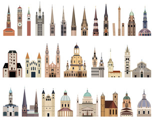 vector collection of city halls, landmarks, cathedrals, temples, churches, palaces and other city's 