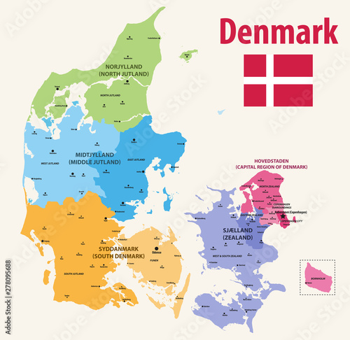 Fotografía vector map pf Denmark provinces colored by regions with main cities on it