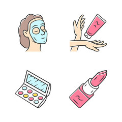 Wall Mural - Feminine hygiene, makeup color icons set. Skin care attributes, cosmetic accessories. Beauty salon products isolated vector illustrations. Face mask, hand cream, eyeshadow palette, lipstick