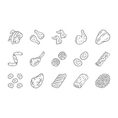 Wall Mural - Butchers meat linear icons set. Chicken drumsticks, breast and ham. Bacon, burger patties, steaks, oxtails. Butchery business. Thin line contour symbols. Isolated vector illustrations. Editable stroke