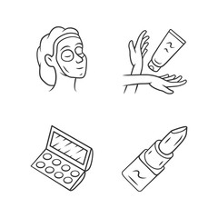 Poster - Feminine hygiene, makeup linear icons set. Skin care attributes, cosmetic accessories thin line contour symbols. Beauty salon products isolated vector outline illustrations. Editable stroke