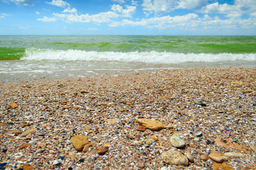 Wall Mural - sea beach, wave and sand - beautiful summer landscape and travel concept, bright day and sky with clouds