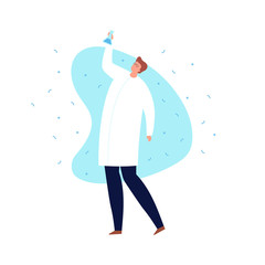Wall Mural - vector modern scientist character illustration. flat male in white coat holding flask with blue liqu