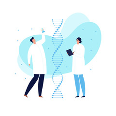 Wall Mural - vector modern scientist character illustration. group of flat male and female in white coat on dna s
