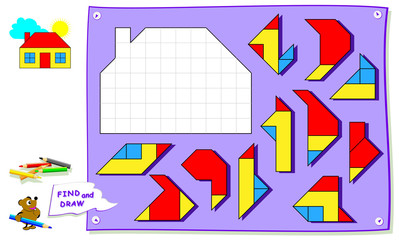 Wall Mural - Logic puzzle game for baby coloring book. Need to find the place for each detail and paint white squares. Worksheet for kids textbook. Back to school. Development of children spatial thinking skills.