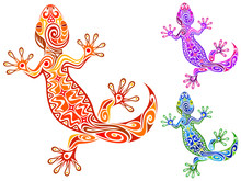 Vector Illustration Of An Ornate Gecko Design In Three Different Color Schemes.