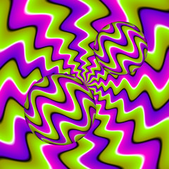 Canvas Print - Green and purple background with moving spheres. Spin illusion.