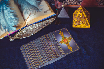 Europe, Ukraine. Kiev July 17: Illustrative Editorial. Mystical atmosphere, view of tarot card on the table, esoteric concept, fortune telling and predictions 