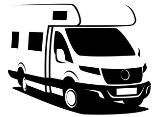 B&W illustration of a camper van (RV) used for family trips