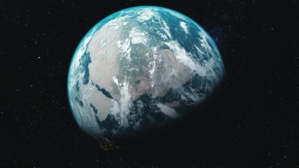 Wall Mural - motion graph planet earth with blue water brown mainlands rotates approaches against milky way in ou