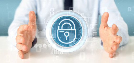 businessman holding security padlock wheel icon with stats and binary code 3d rendering