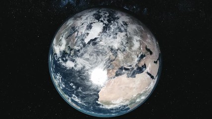 Wall Mural - motion graph planet earth model with illuminated mainlands on orbits around sun against milky way in