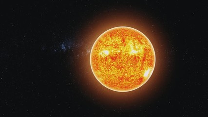 Wall Mural - motion graph yellow sun model with burning lava orange halo moves away in endless outer space with s