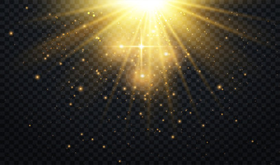 Aufkleber - Abstract Light Overlay Effect on Transparent Background. Sparkles. Golden Sun Rays.  Vector Illustration