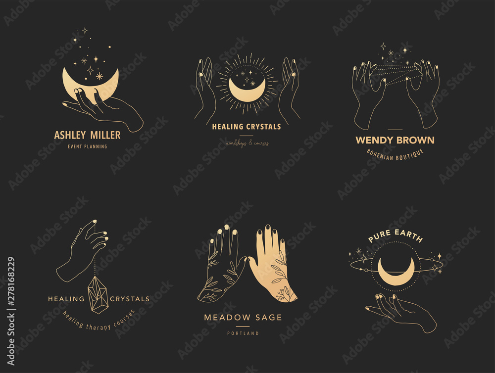 Collection of fine, hand drawn style logos and icons of hands. Esoteric, fashion, skin care and wedding concept illustrations. Vecor design - obrazy, fototapety, plakaty 