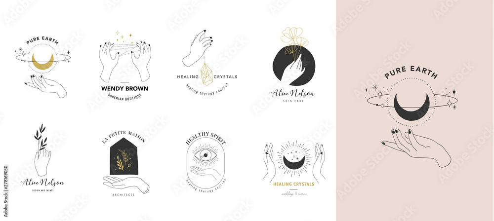Collection of fine, hand drawn style logos and icons of hands. Esoteric, fashion, skin care and wedding concept illustrations. Vecor design - obrazy, fototapety, plakaty 