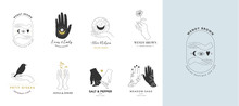 Collection Of Fine, Hand Drawn Style Logos And Icons Of Hands. Esoteric, Fashion, Skin Care And Wedding Concept Illustrations. Vecor Design